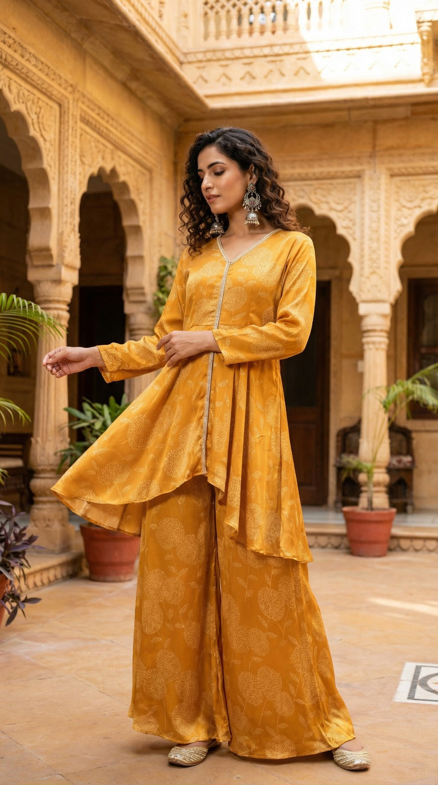 Yellow Asymmetric Kurta Set With Flared Palazzo And Chiffon Dupatta