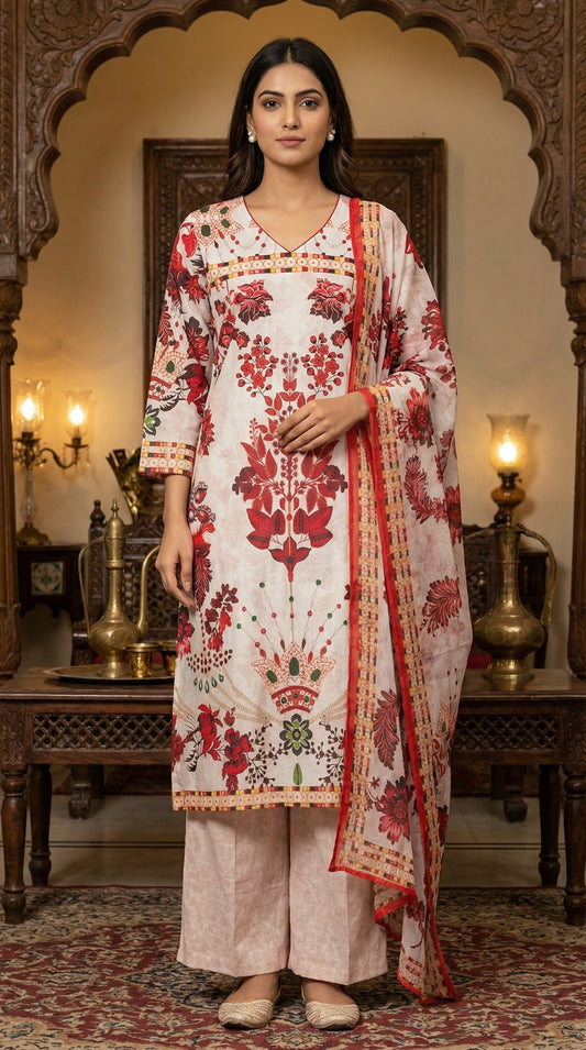 Off-White & Red Floral Jacquard Kurta Set with Chiffon Dupatta