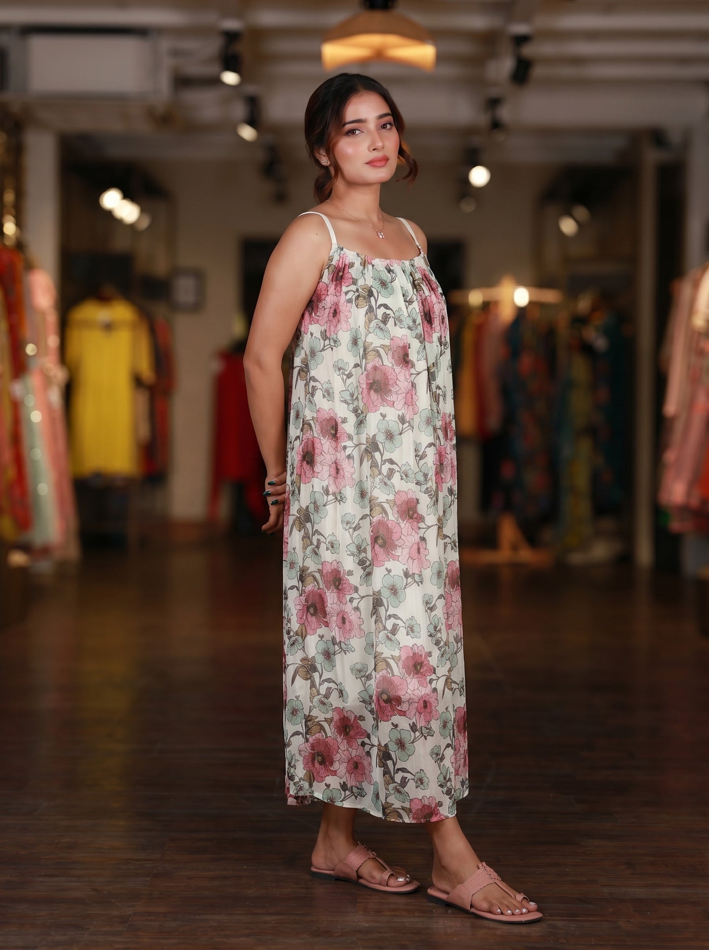 White Floral Strappy Maxi Dress