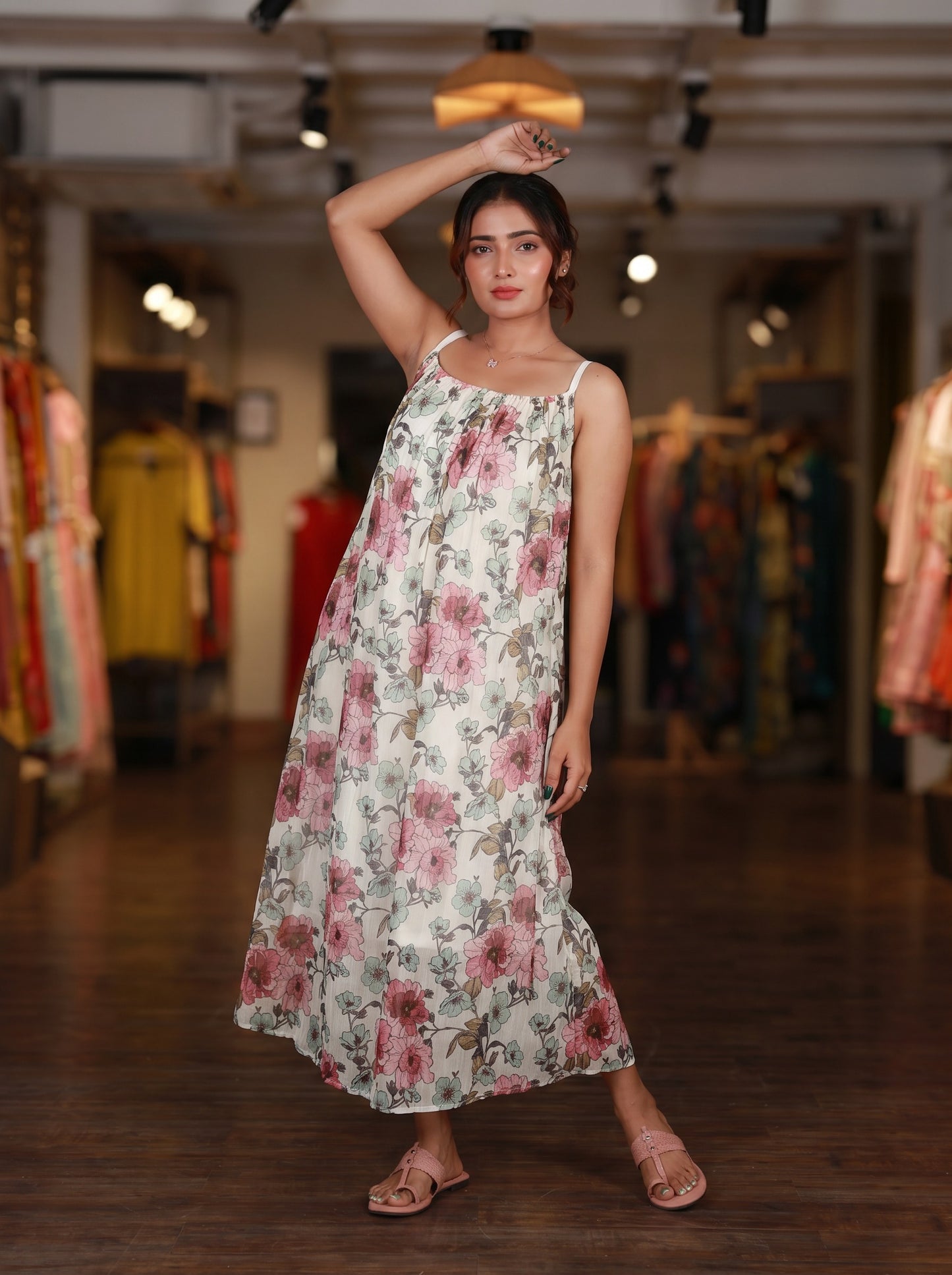 White Floral Strappy Maxi Dress