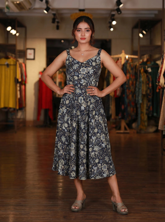 Navy Blue Floral Printed Strappy Short Dress
