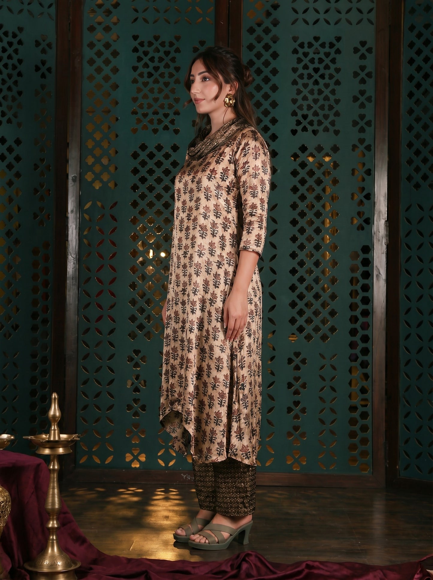 Beige Cowl Neck Printed Co-ord Set