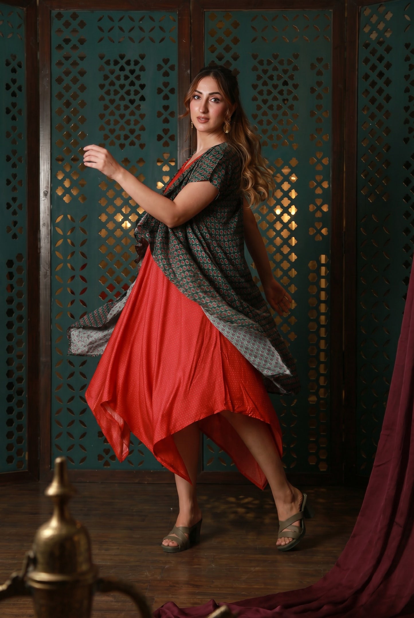 Red Drape Dress With Green Printed Cape
