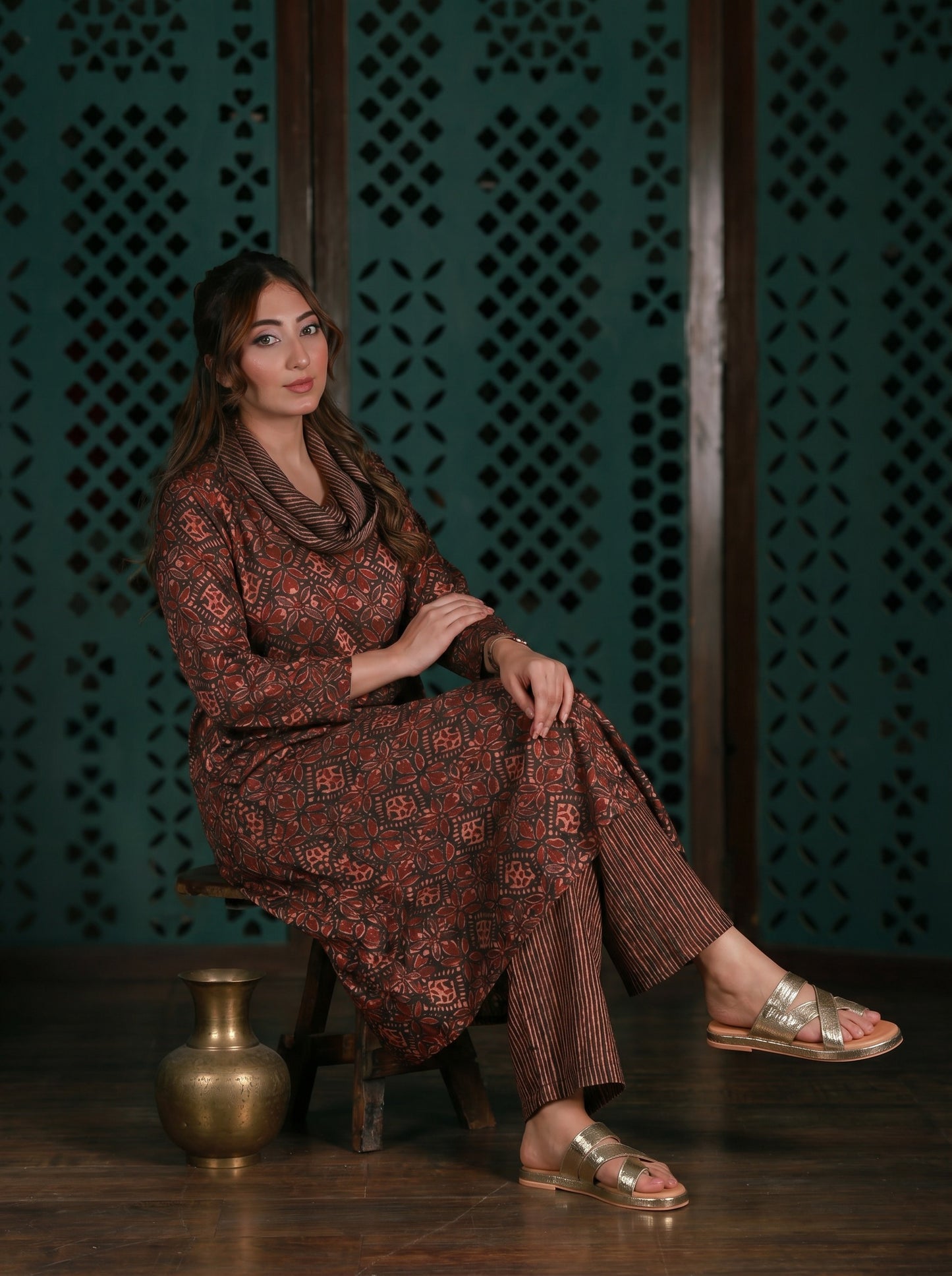 Brown Cowl Neck Printed Co-ord Set