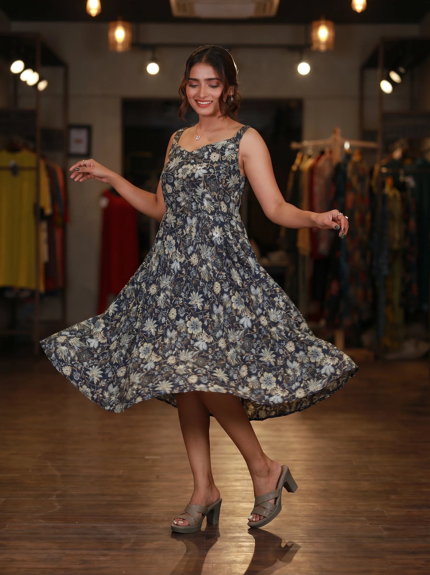 Navy Blue Floral Printed Strappy Short Dress