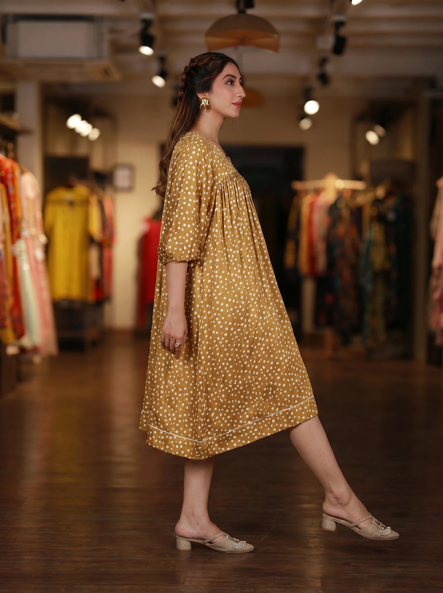 Yellow Polka Dot Gathered Midi Dress