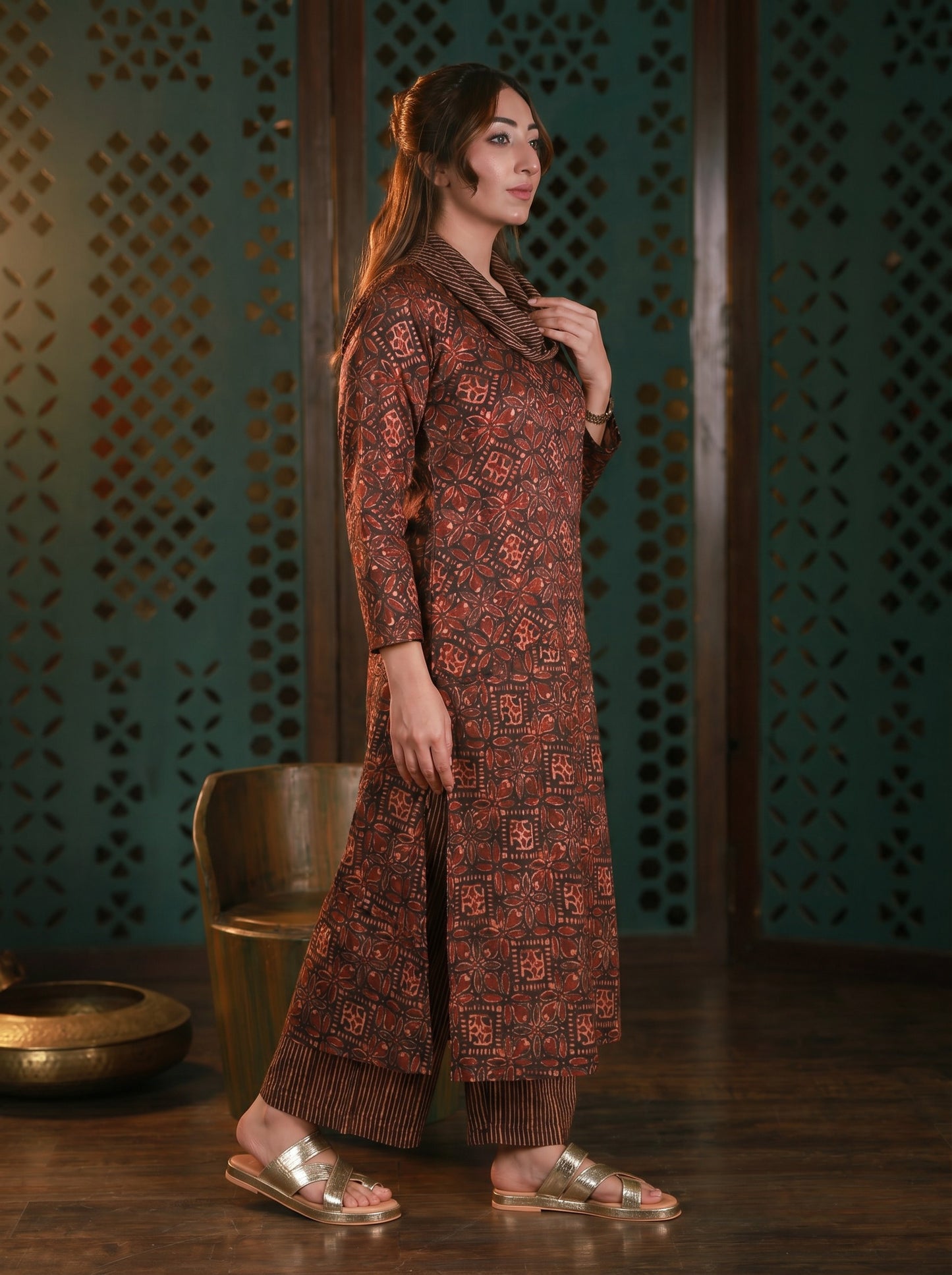 Brown Cowl Neck Printed Co-ord Set
