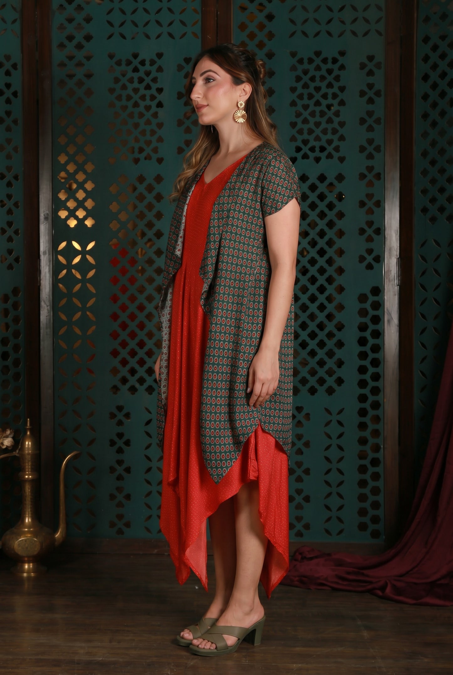 Red Drape Dress With Green Printed Cape