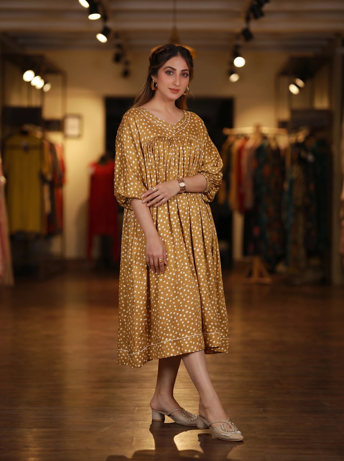 Yellow Polka Dot Gathered Midi Dress