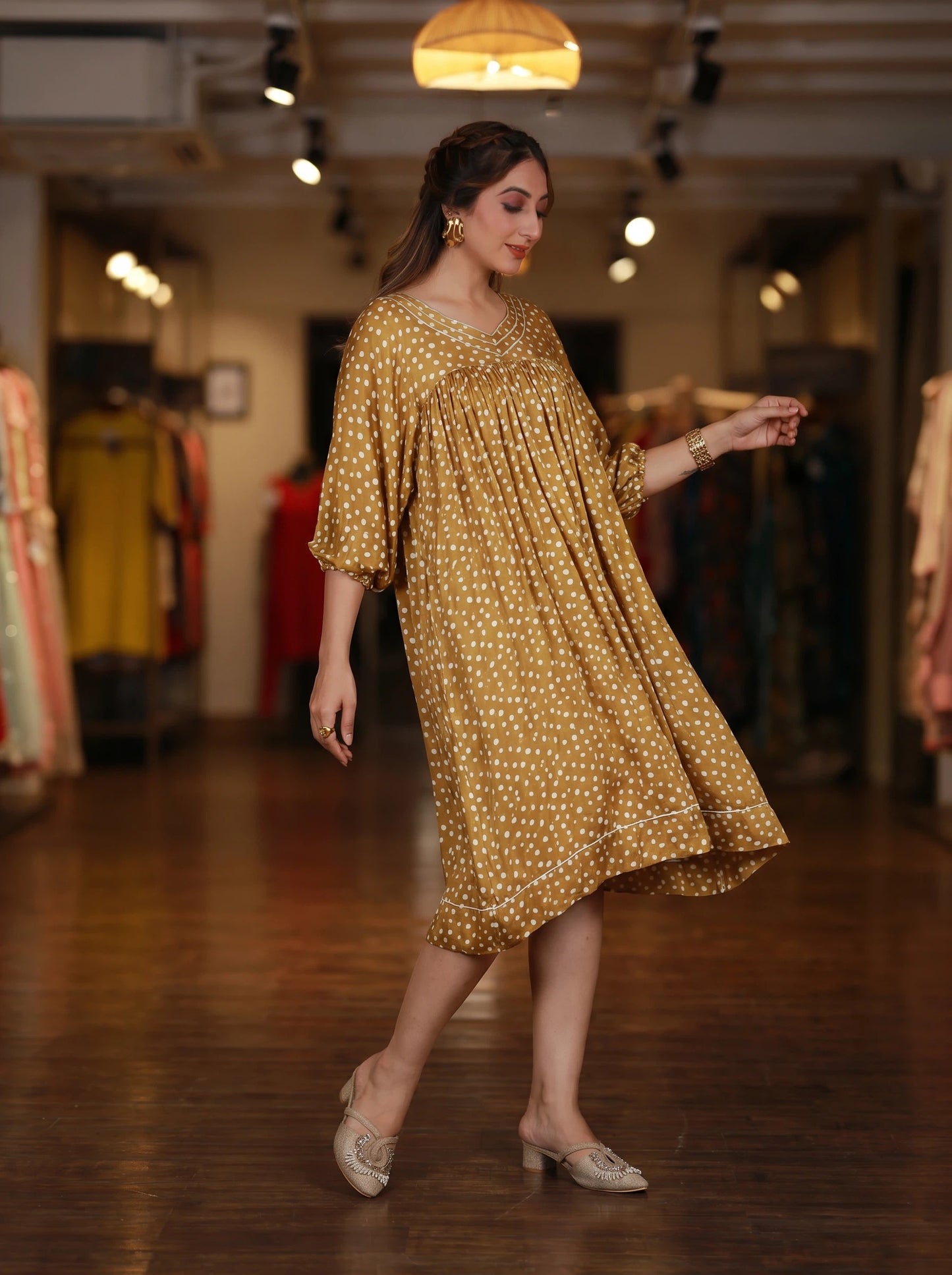 Yellow Polka Dot Gathered Midi Dress