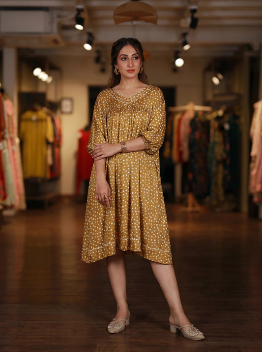 Yellow Polka Dot Gathered Midi Dress