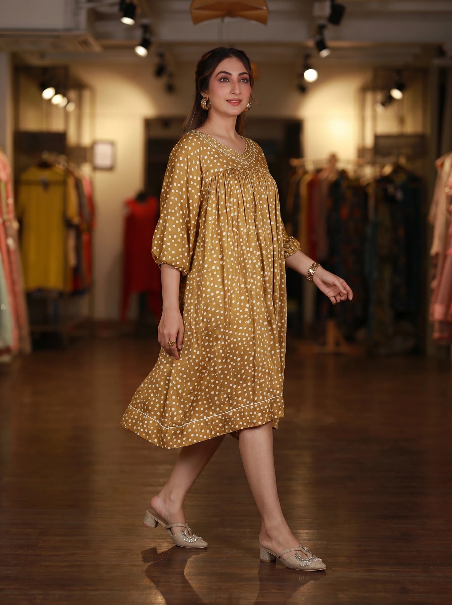 Yellow Polka Dot Gathered Midi Dress