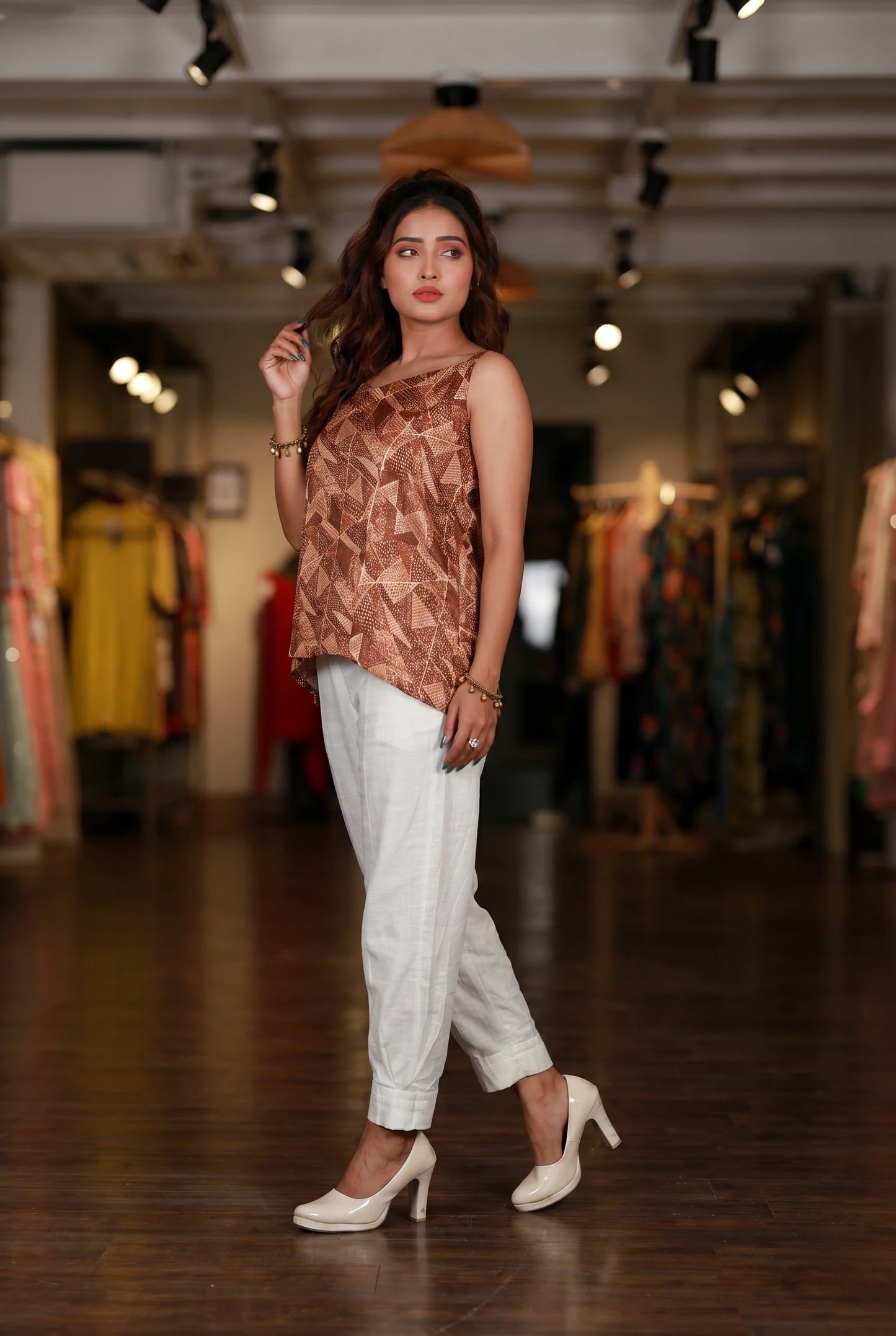 Abstract Geometric Brown Sleeveless Top