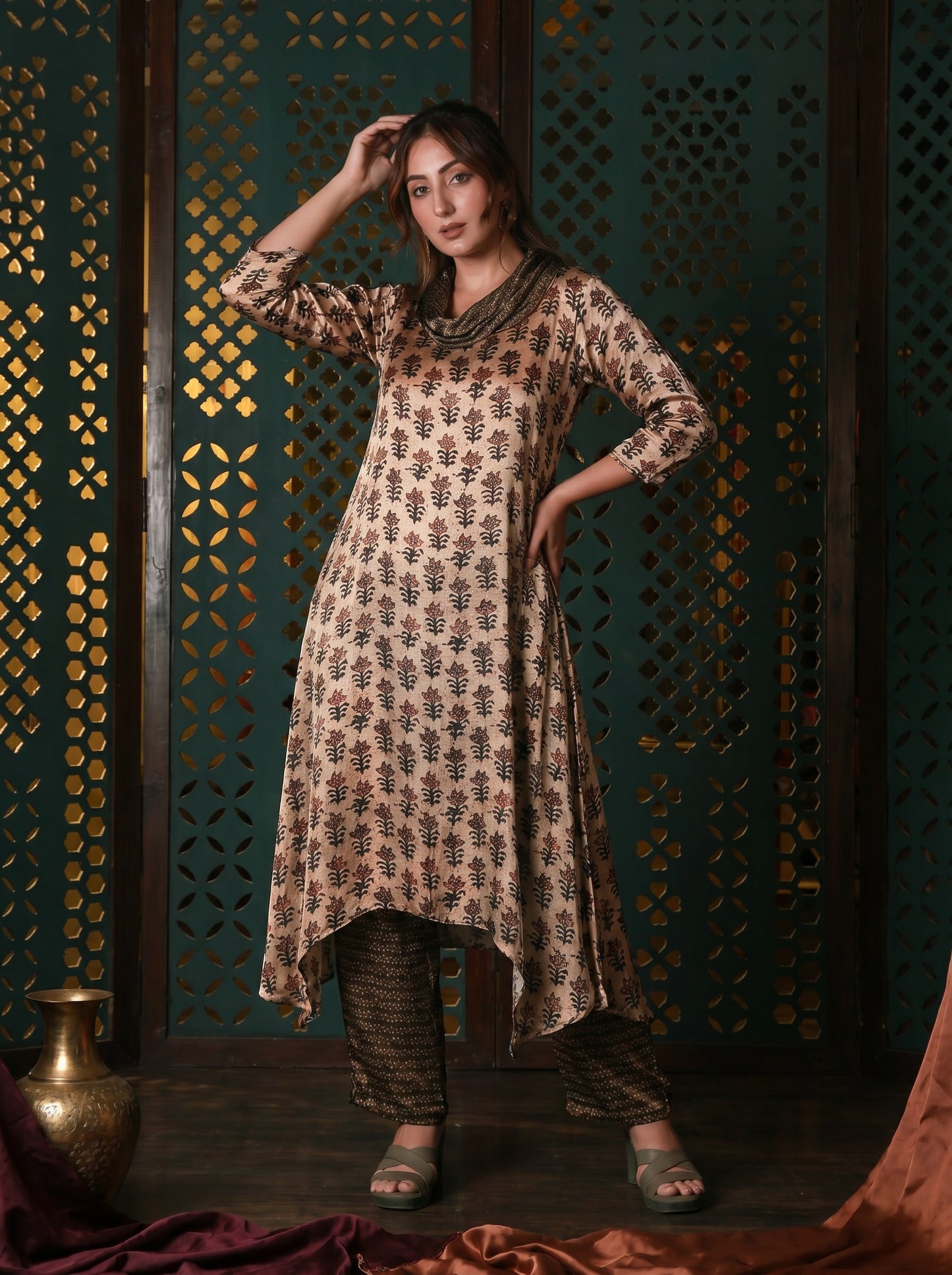 Beige Cowl Neck Printed Co-ord Set