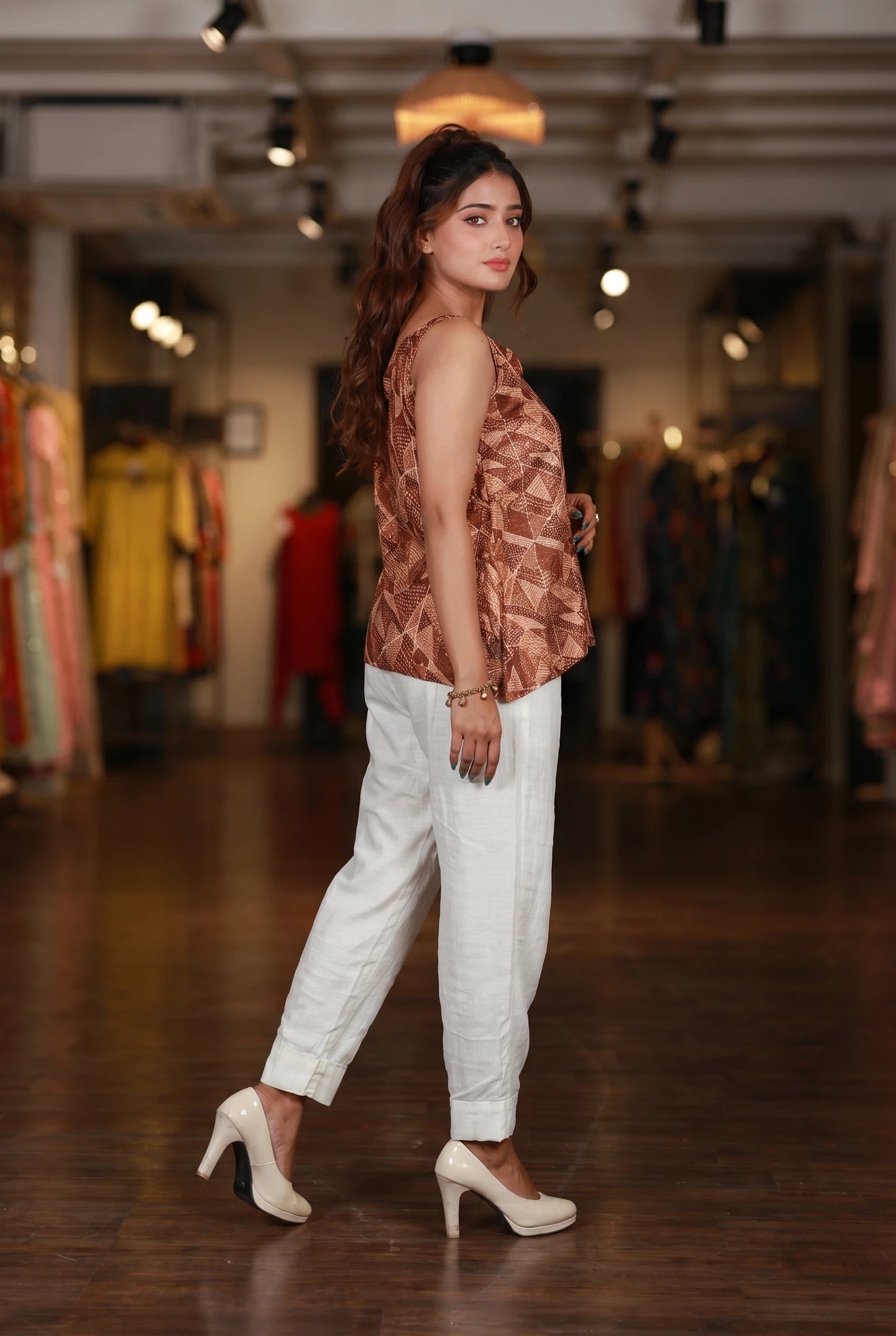 Abstract Geometric Brown Sleeveless Top