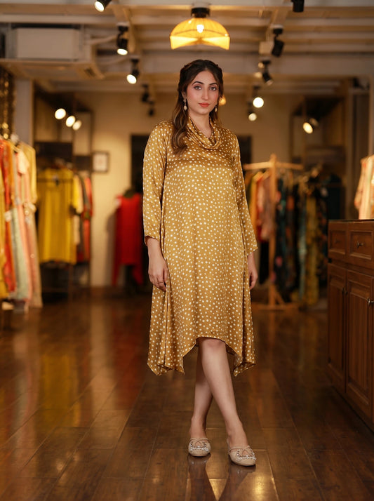 Yellow Polka Dot Cowl Neck Dress
