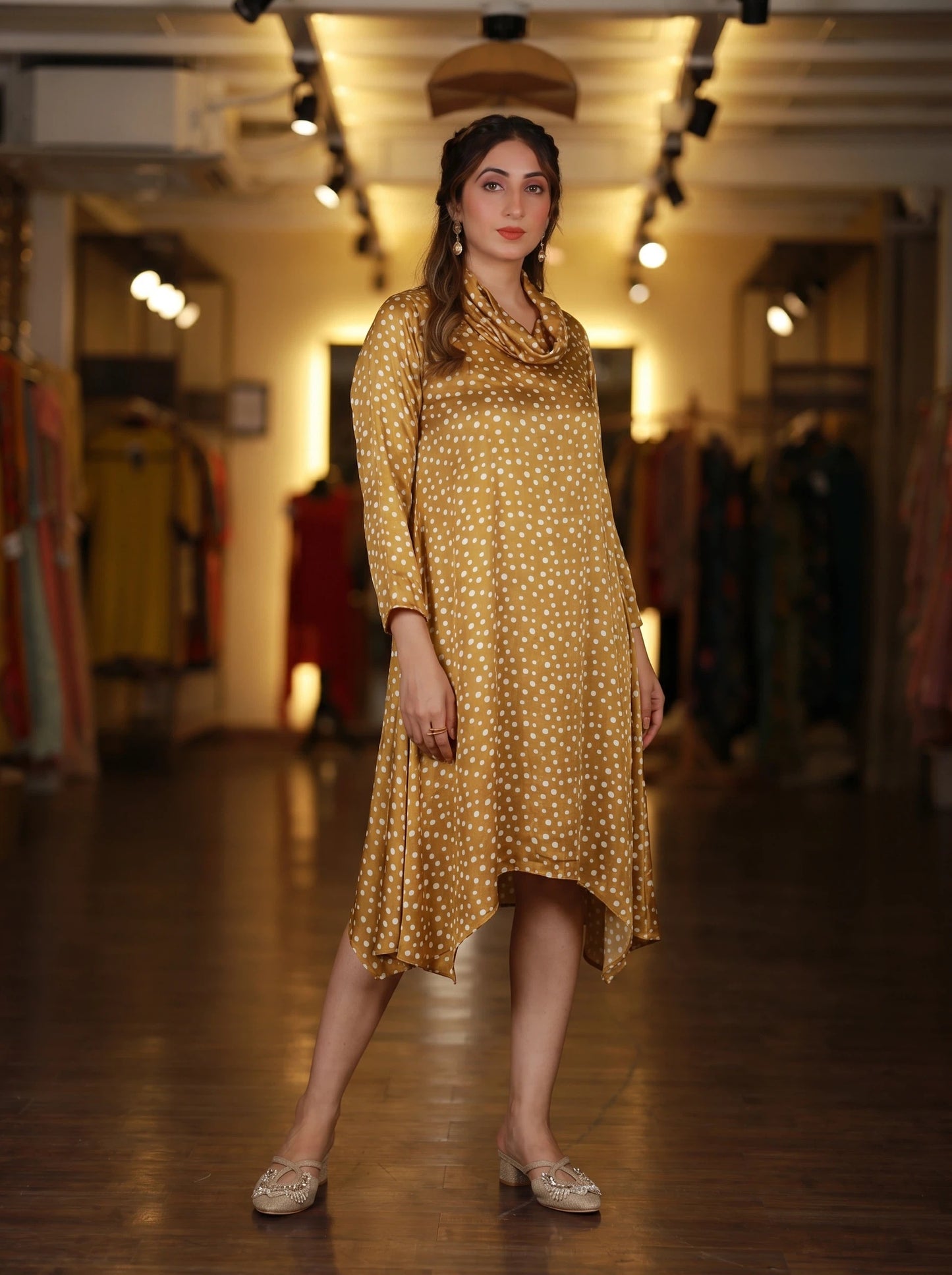 Yellow Polka Dot Cowl Neck Dress
