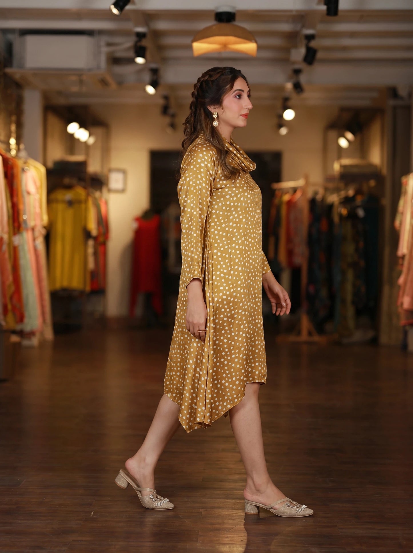 Yellow Polka Dot Cowl Neck Dress