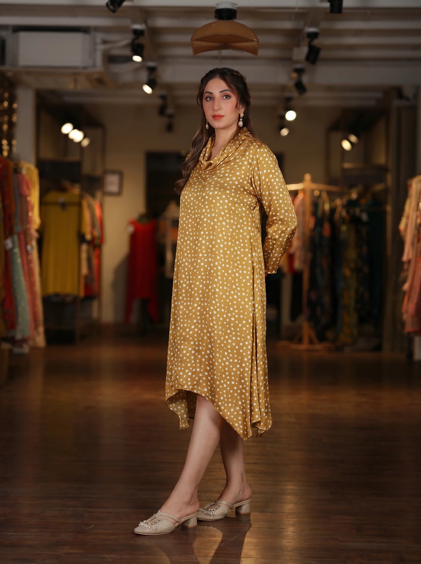Yellow Polka Dot Cowl Neck Dress