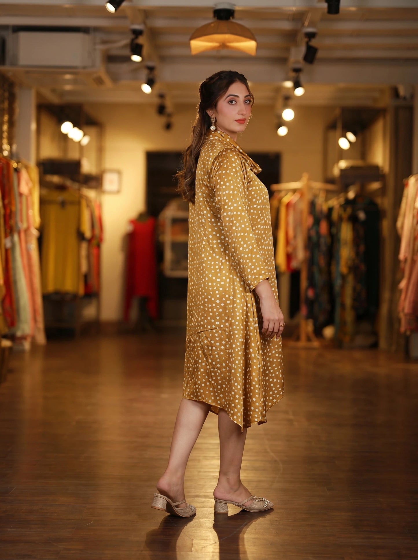 Yellow Polka Dot Cowl Neck Dress
