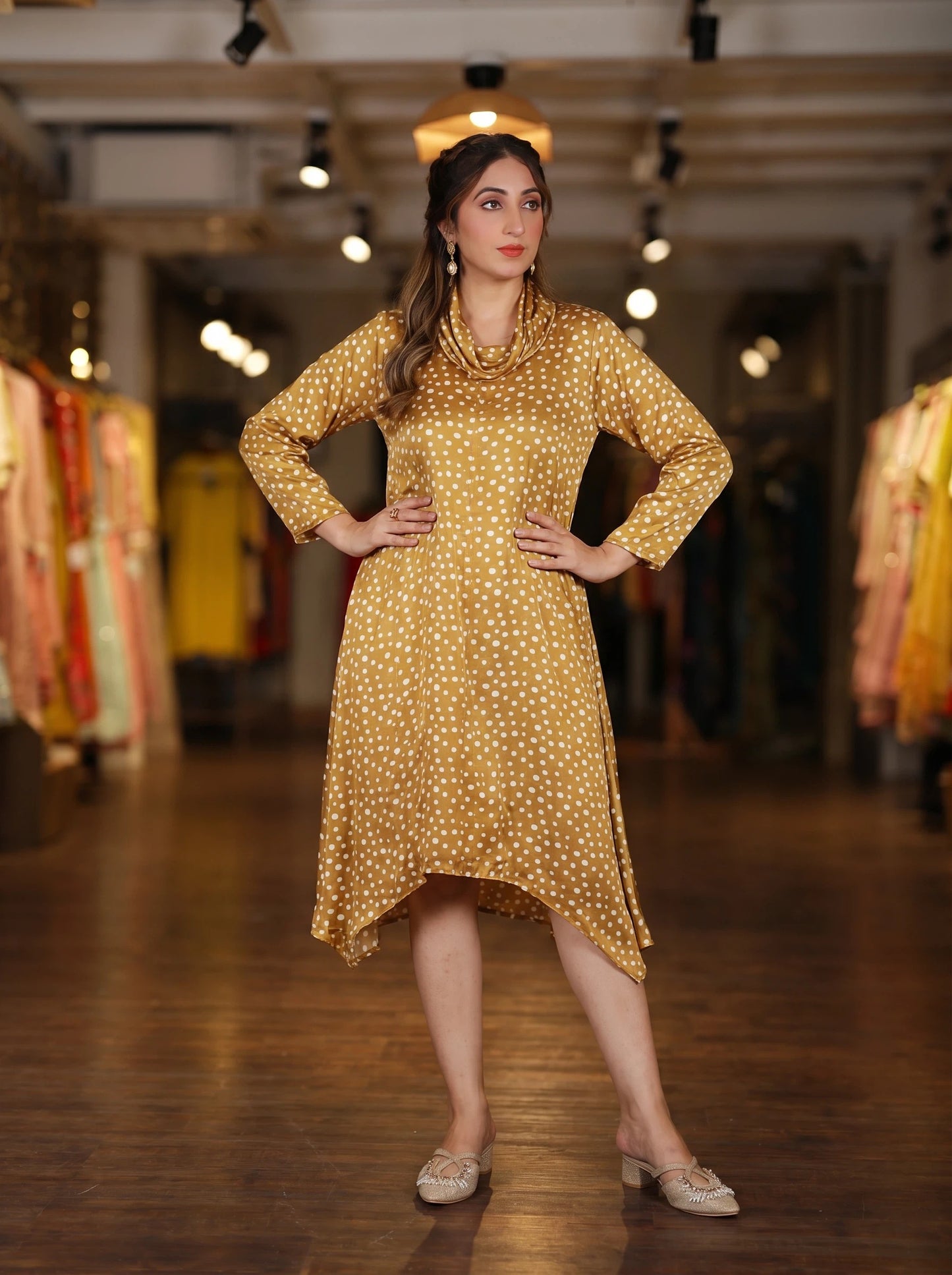 Yellow Polka Dot Cowl Neck Dress