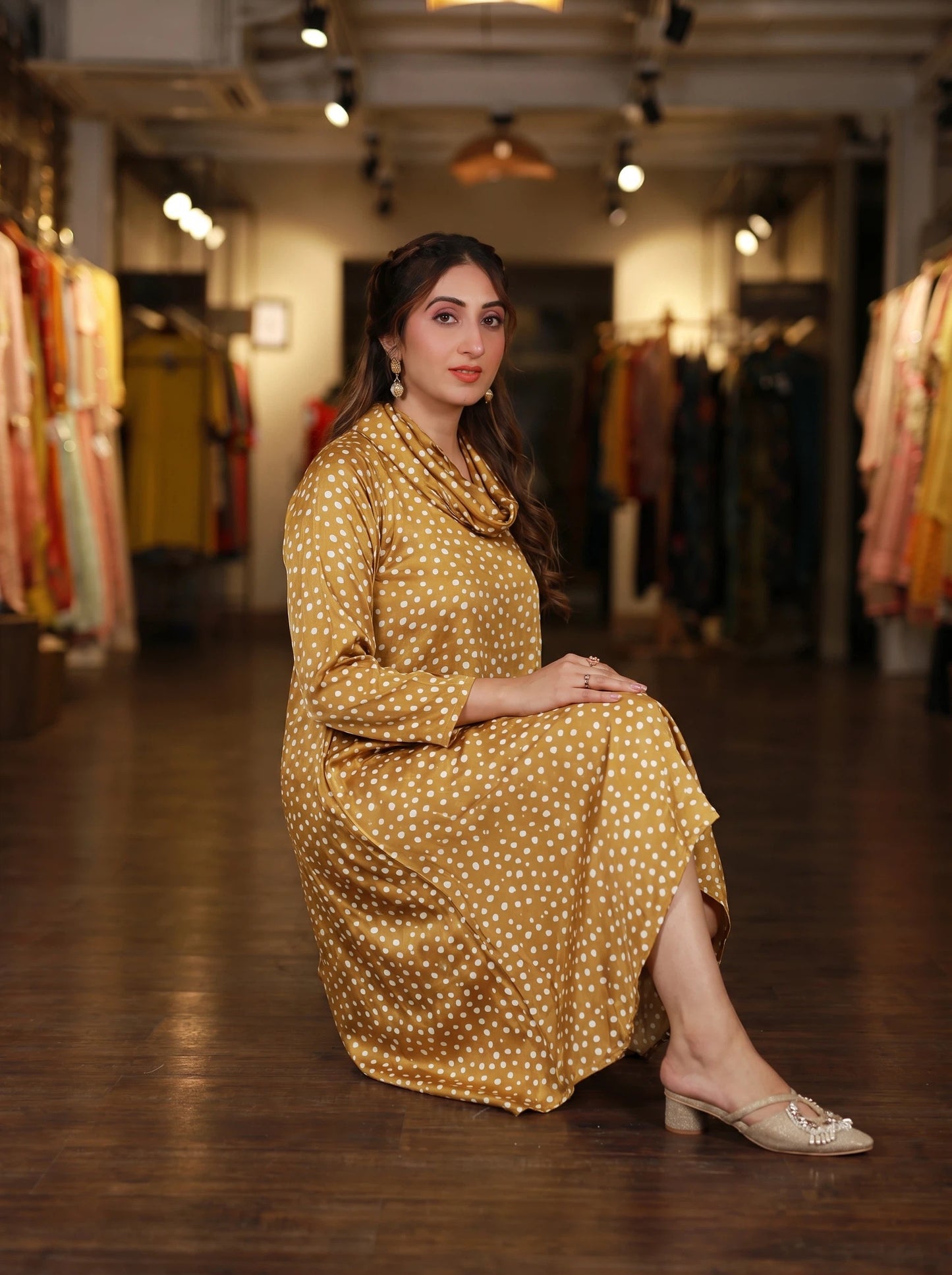 Yellow Polka Dot Cowl Neck Dress