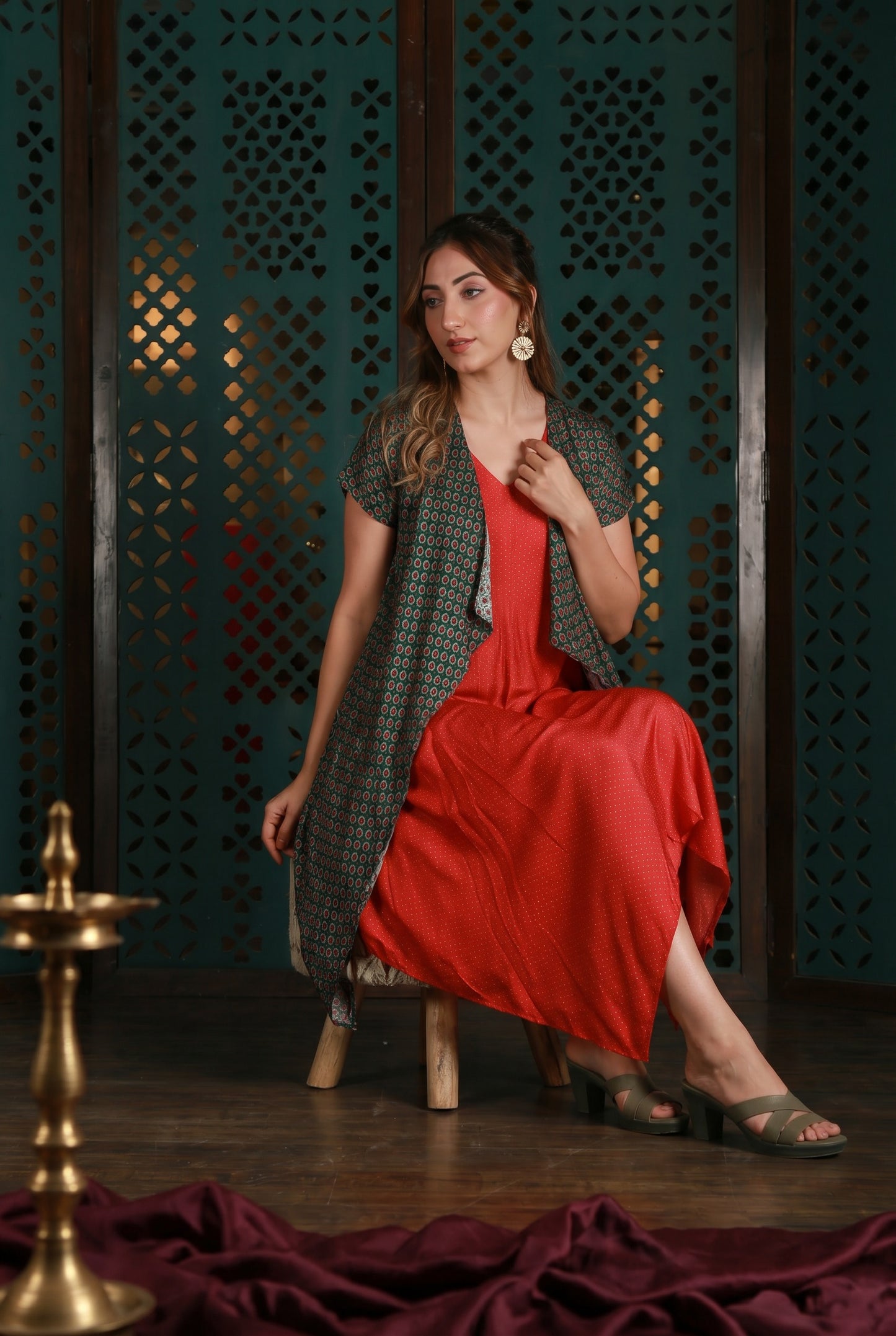 Red Drape Dress With Green Printed Cape