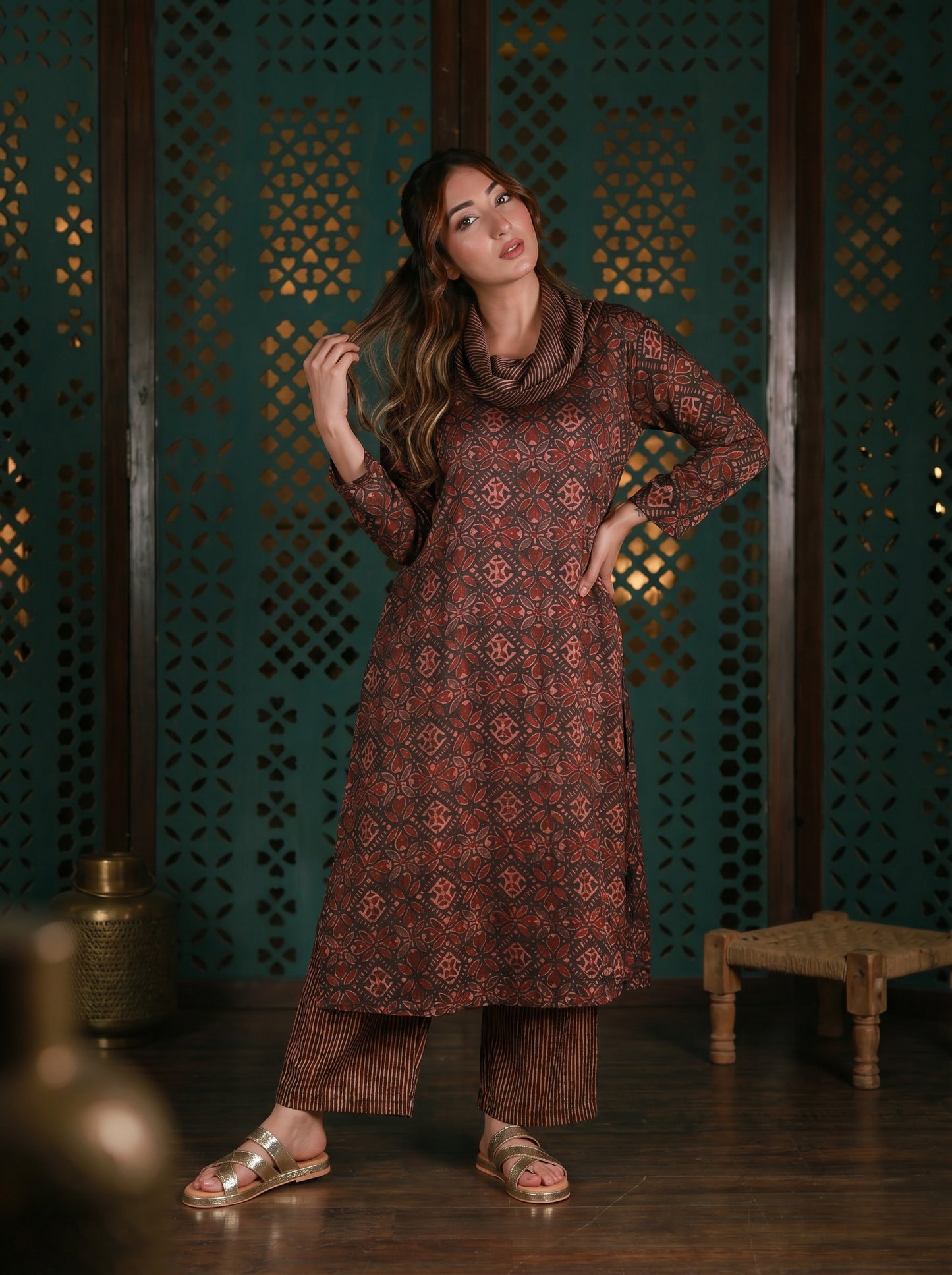 Brown Cowl Neck Printed Co-ord Set