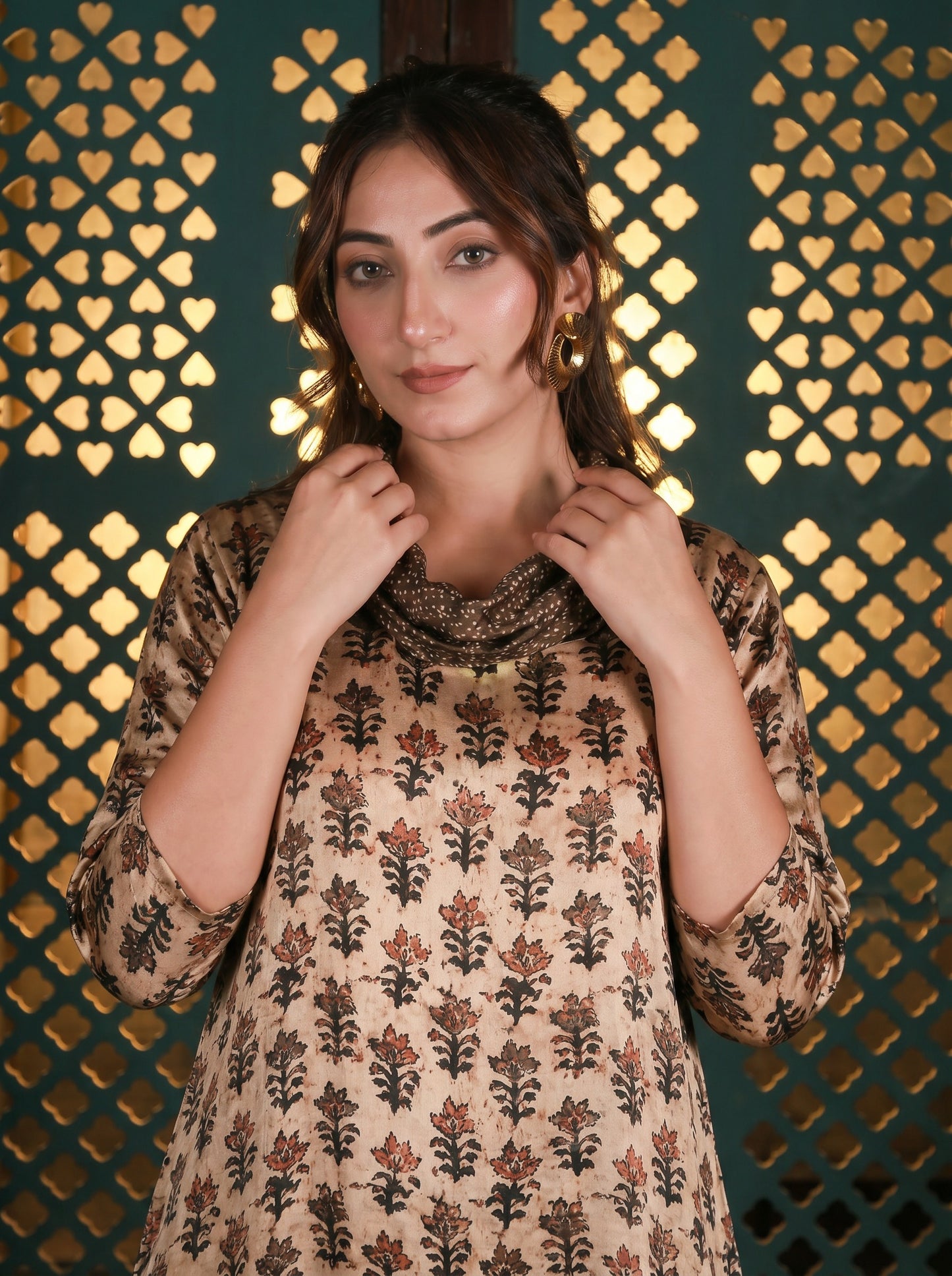 Beige Cowl Neck Printed Co-ord Set