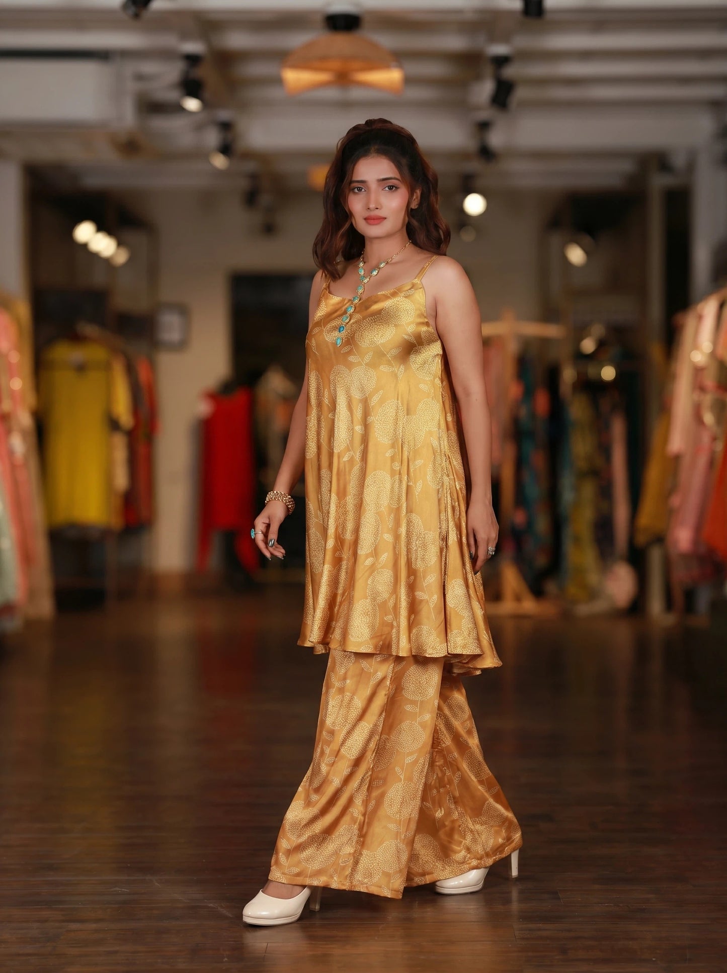 Yellow Floral Flared Spaghetti Dress With Pallazo