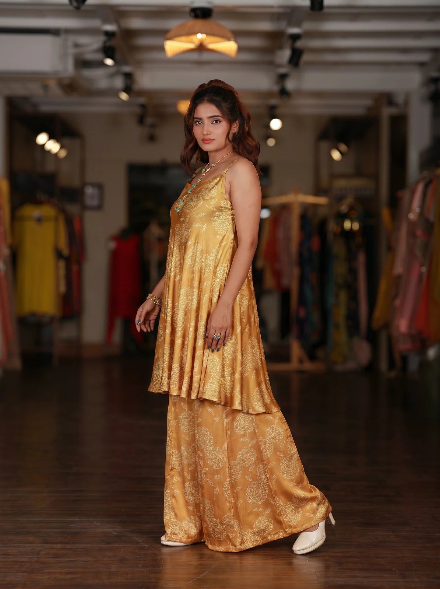 Yellow Floral Flared Spaghetti Dress With Pallazo