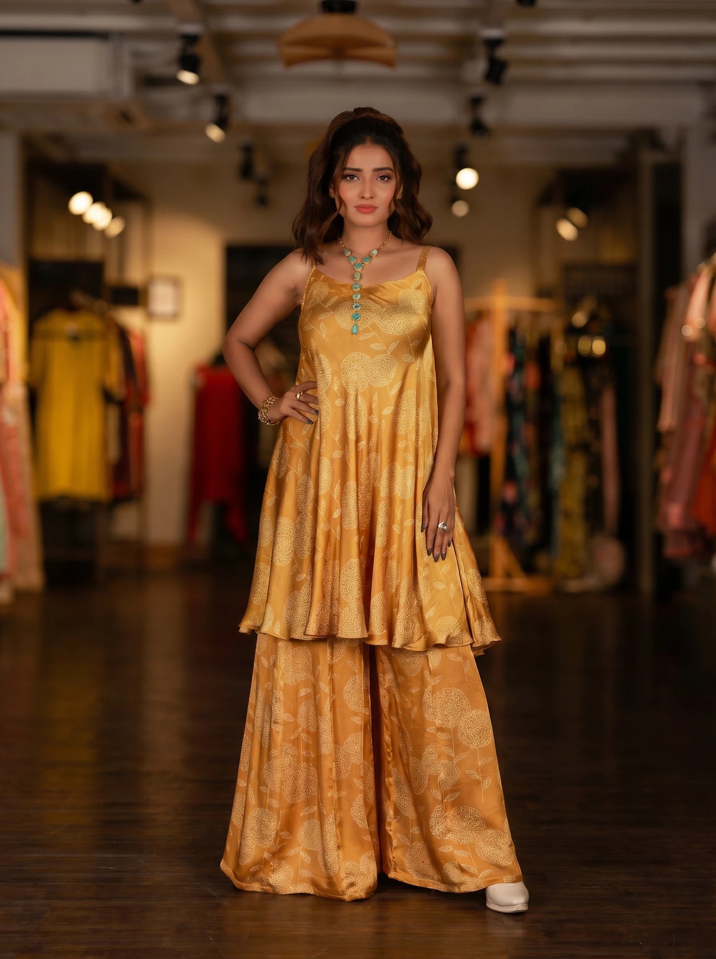 Yellow Floral Flared Spaghetti Dress With Pallazo