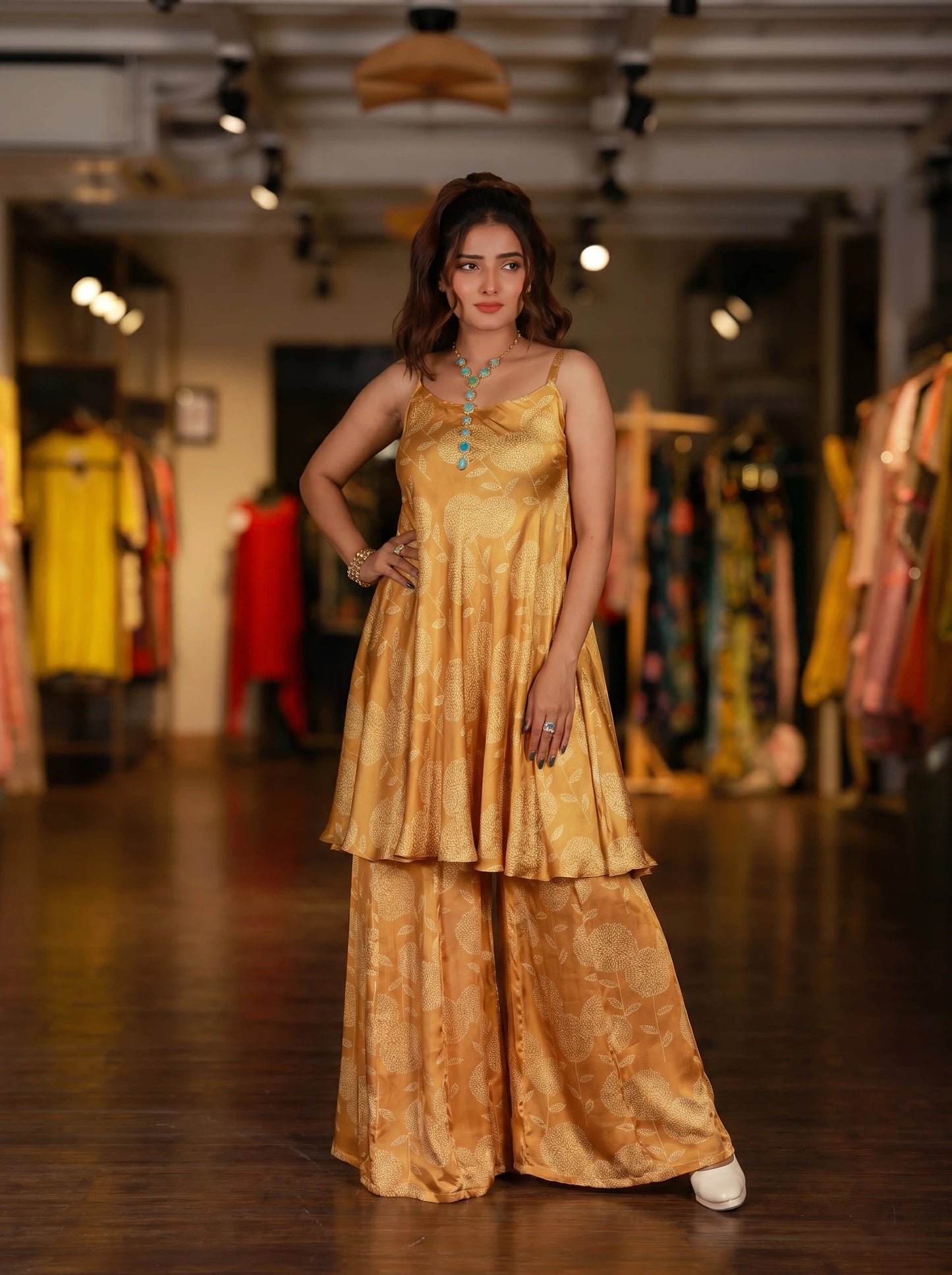 Yellow Floral Flared Spaghetti Dress With Pallazo
