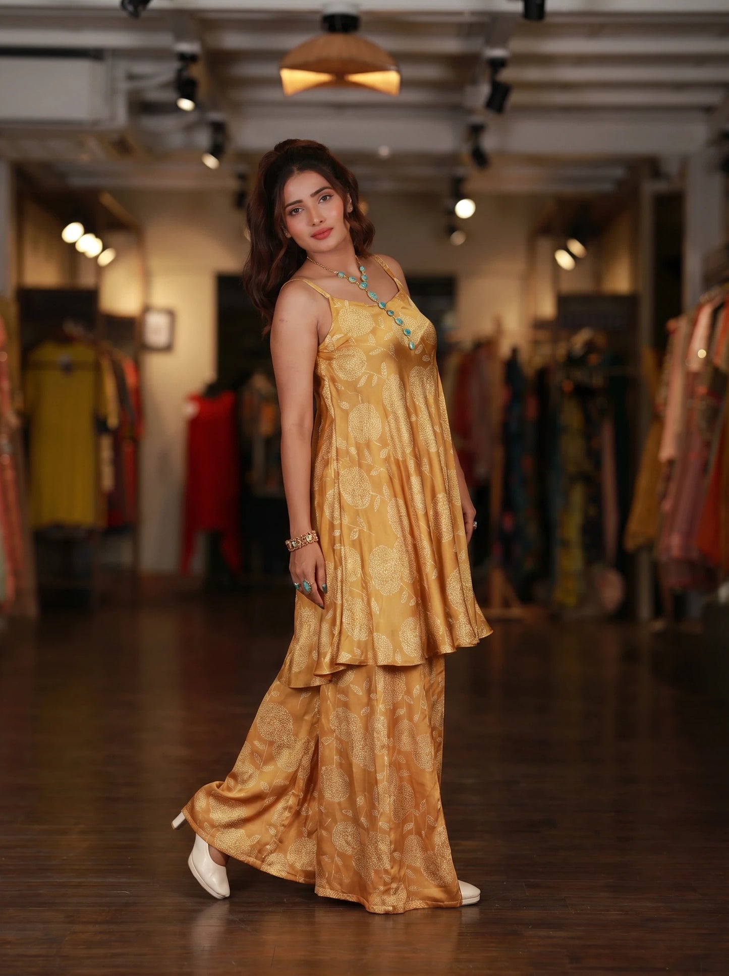 Yellow Floral Flared Spaghetti Dress With Pallazo