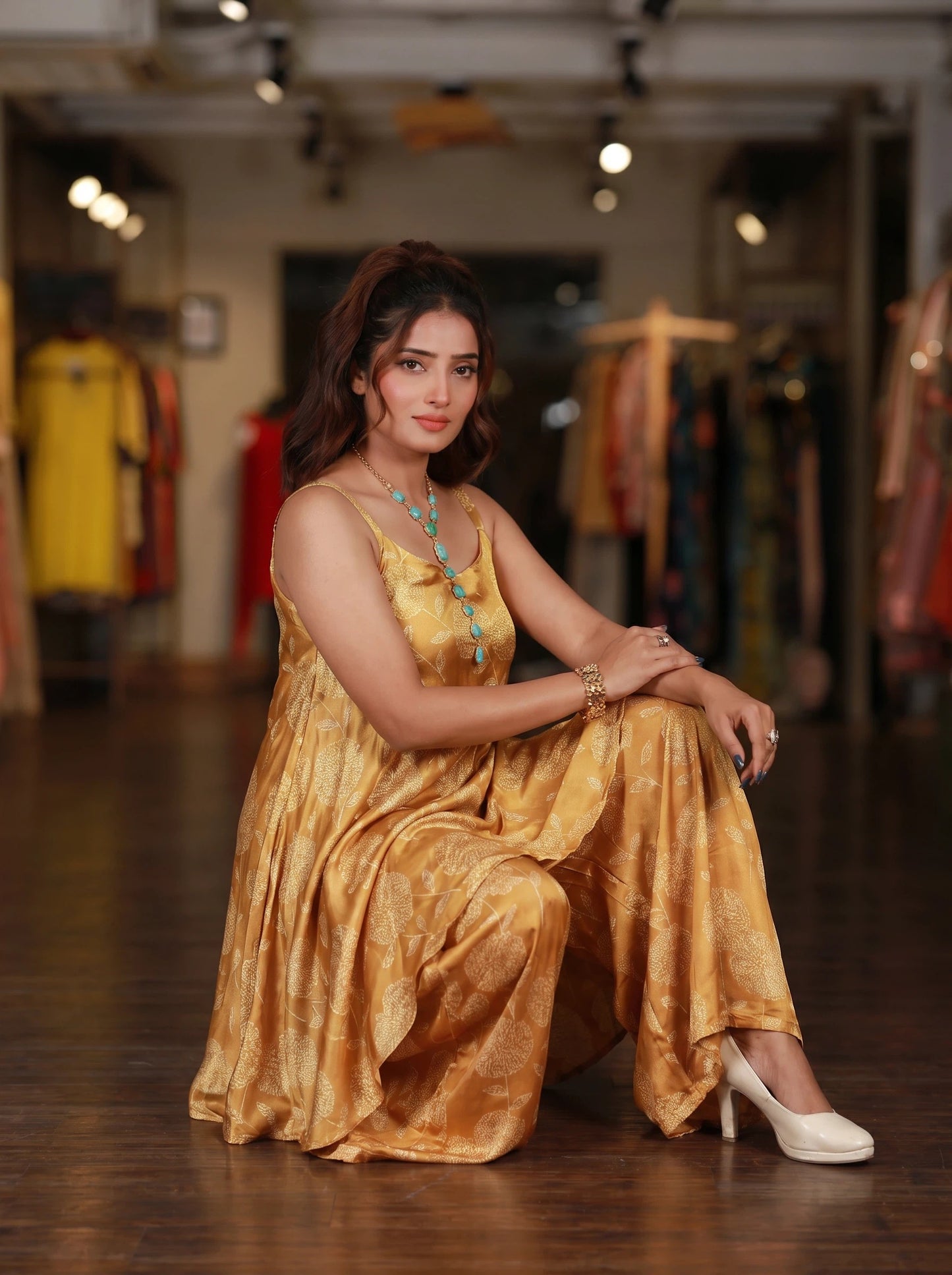 Yellow Floral Flared Spaghetti Dress With Pallazo