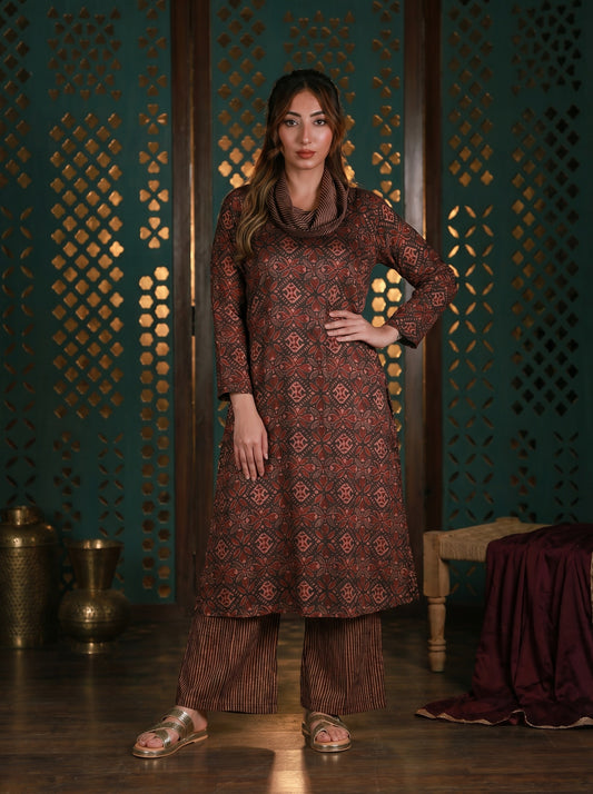 Brown Cowl Neck Printed Co-ord Set