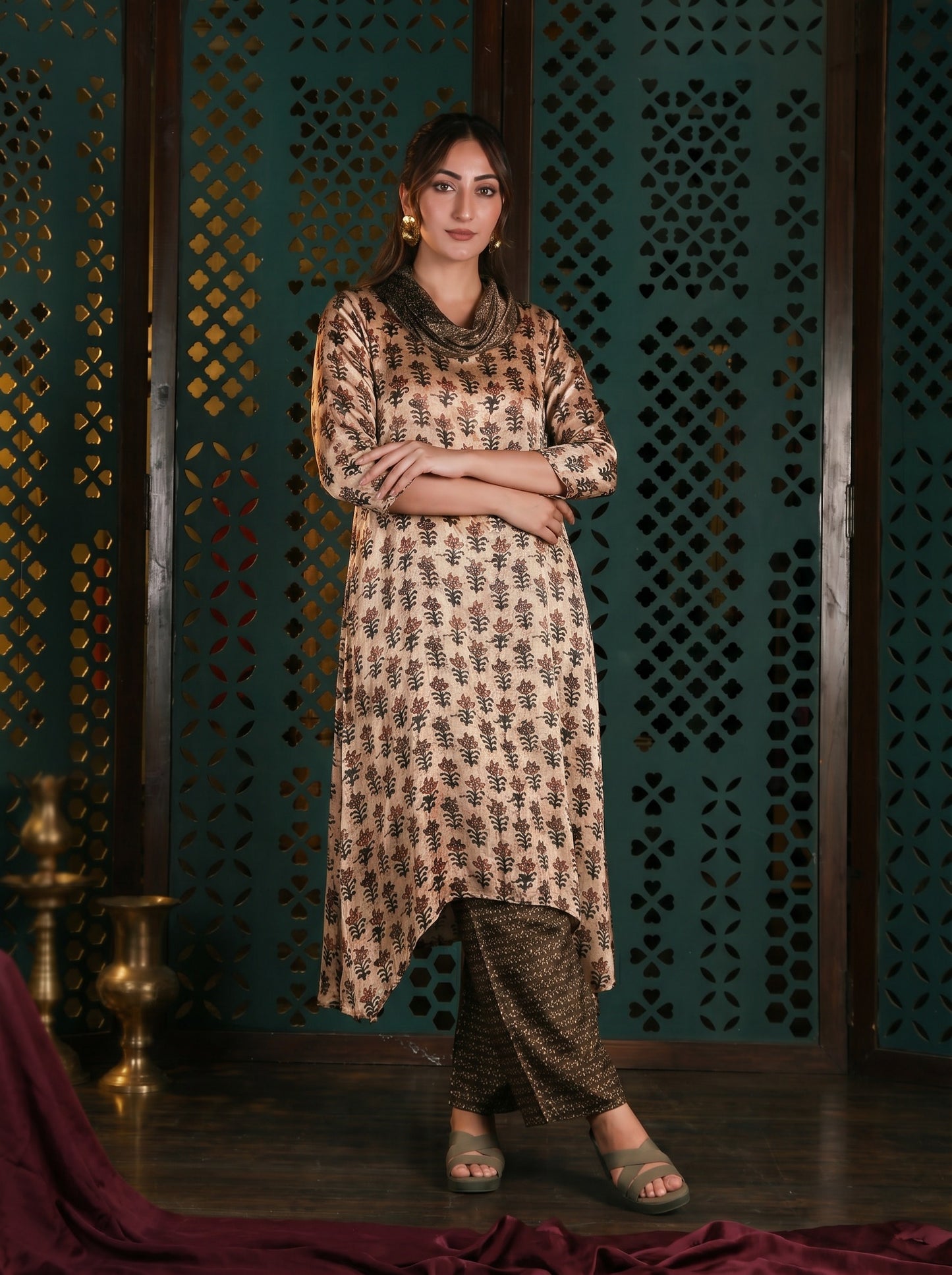 Beige Cowl Neck Printed Co-ord Set