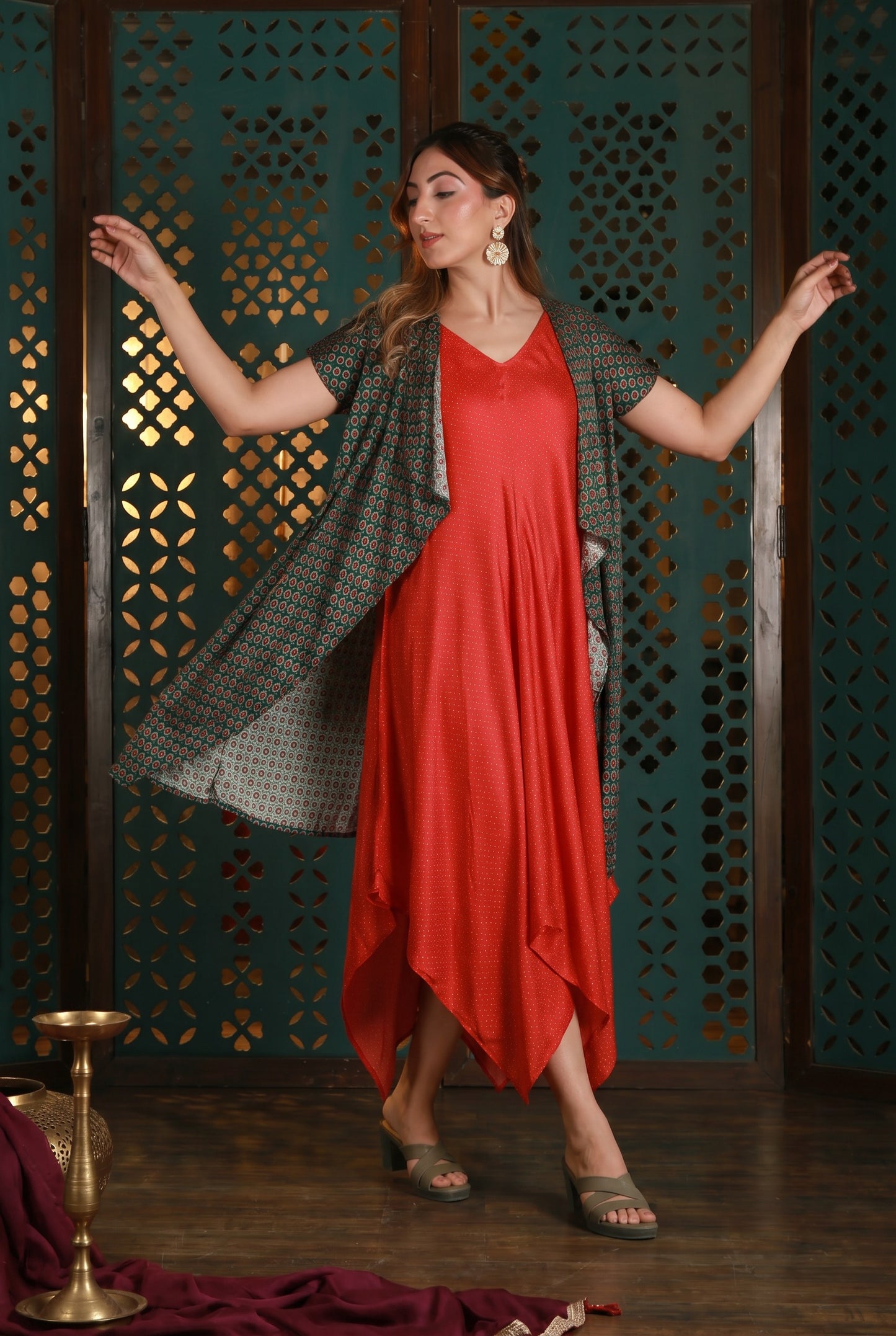Red Drape Dress With Green Printed Cape