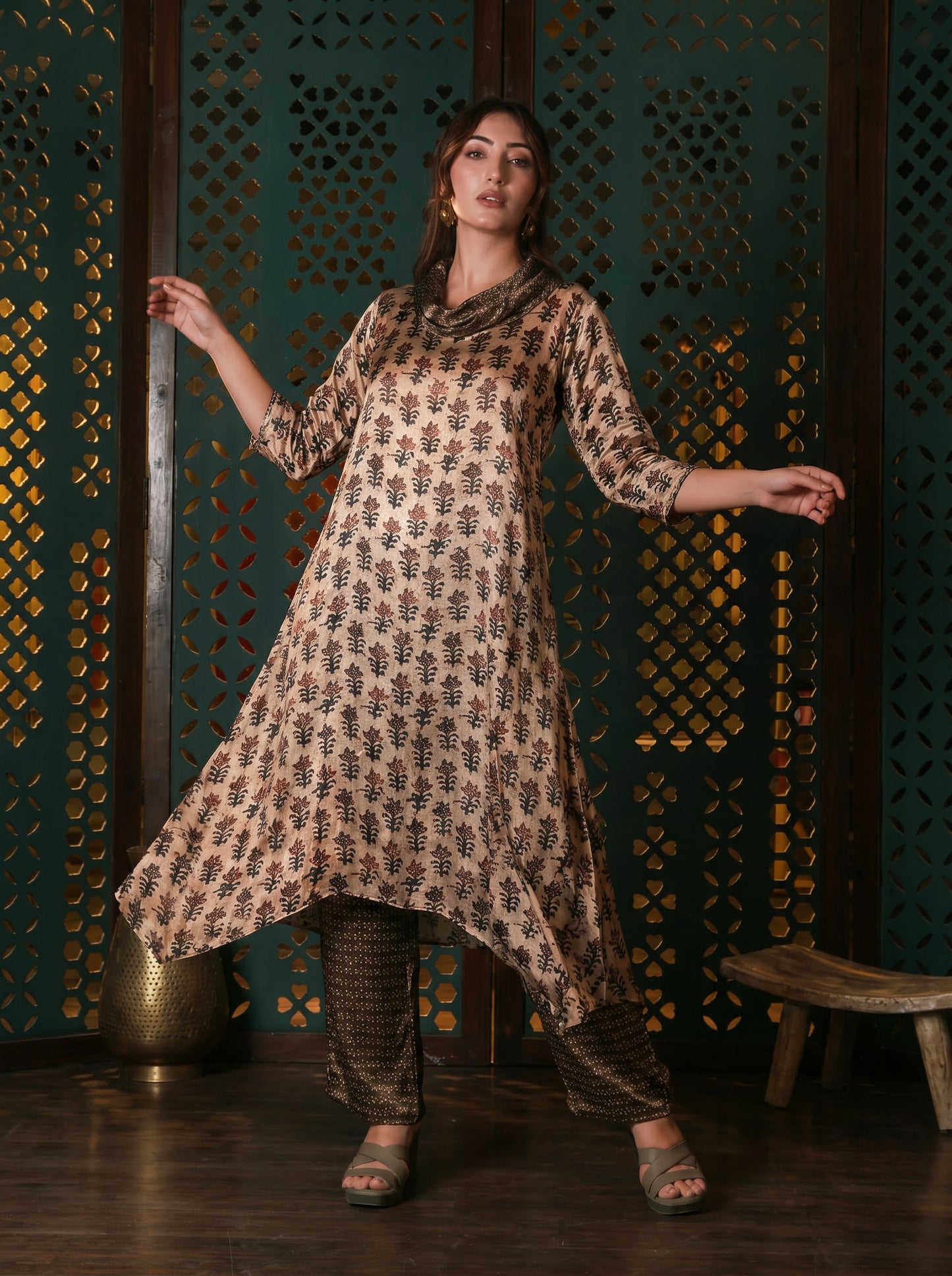 Beige Cowl Neck Printed Co-ord Set