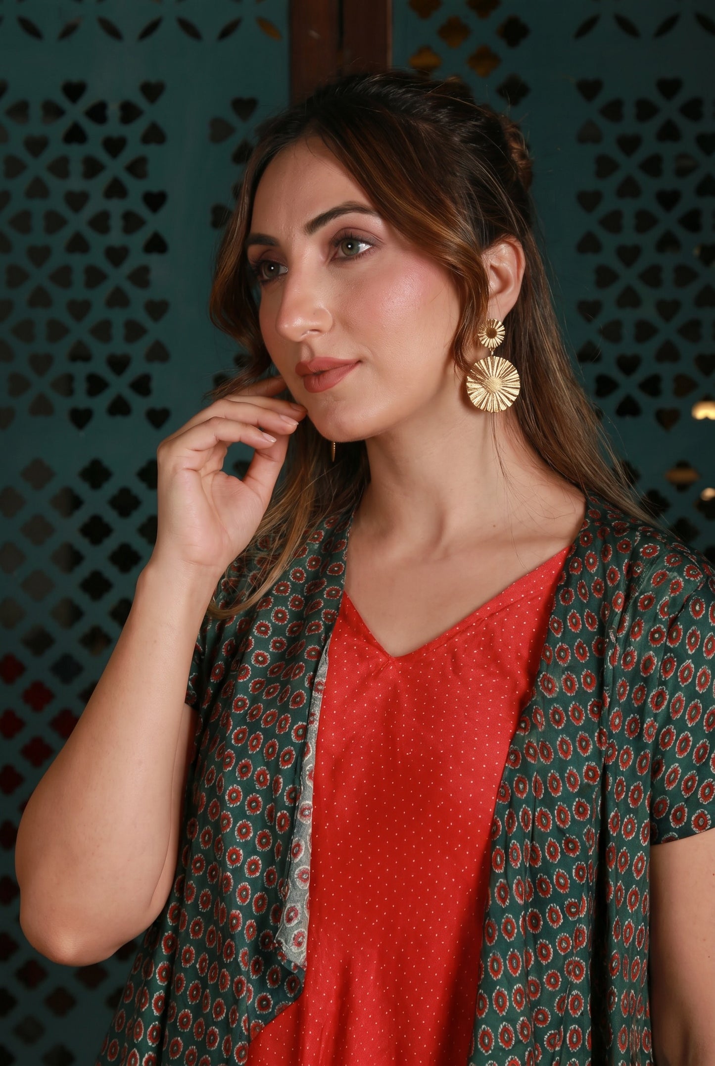 Red Drape Dress With Green Printed Cape