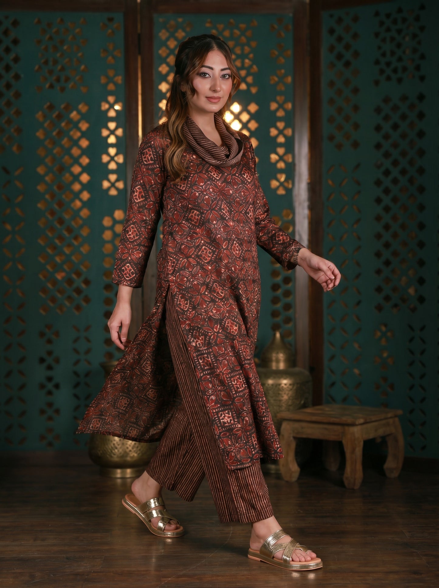 Brown Cowl Neck Printed Co-ord Set