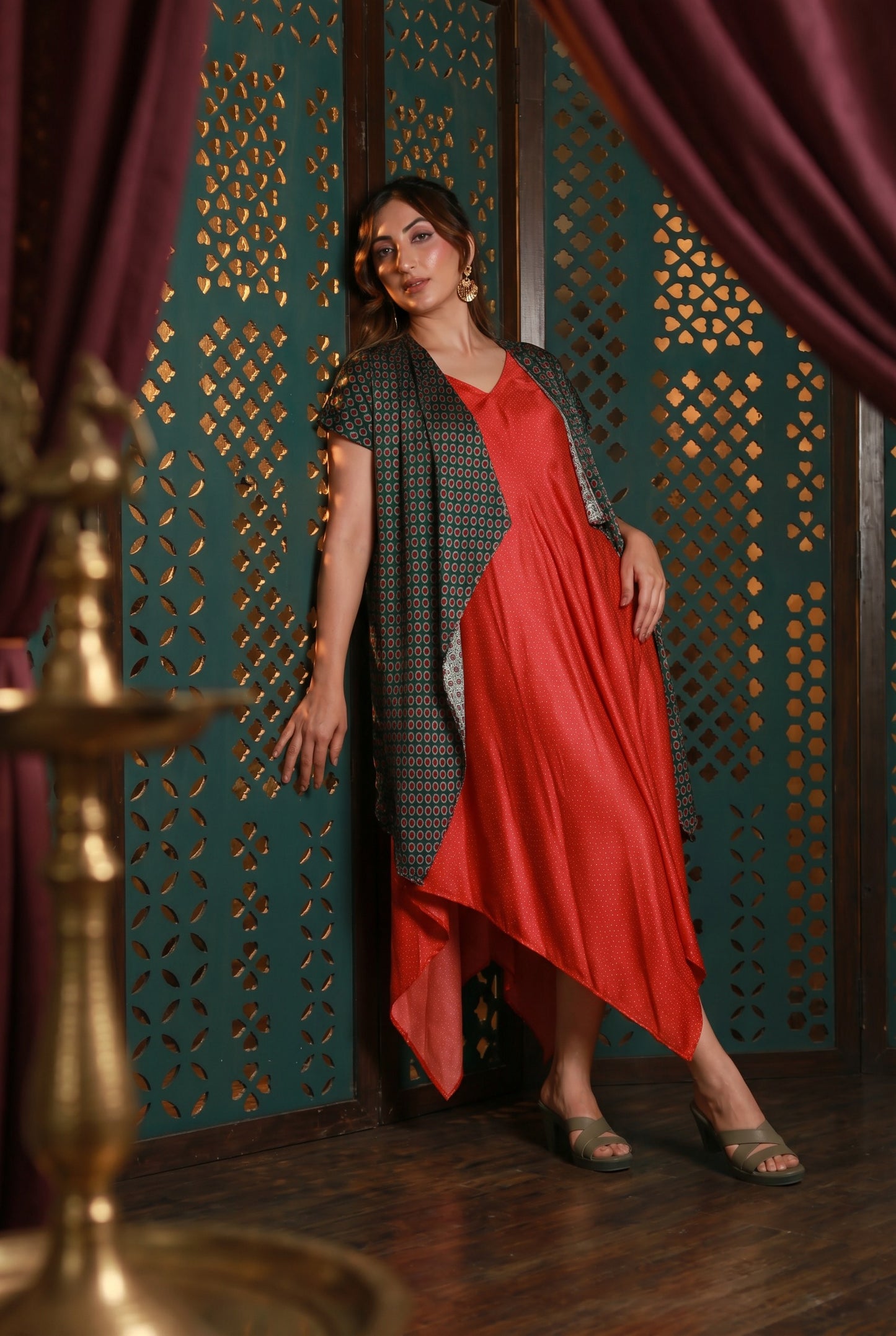 Red Drape Dress With Green Printed Cape