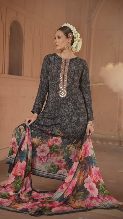 Black Heavy Organza Chikankari Grid & Jacquard Butti Suit Set with Banarasi Floral Dupatta - 3 Piece