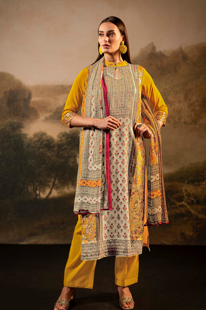 Premium Muslin Suit Set with Sequin Work & Floral Print - Mustard Yellow | 3 Piece
