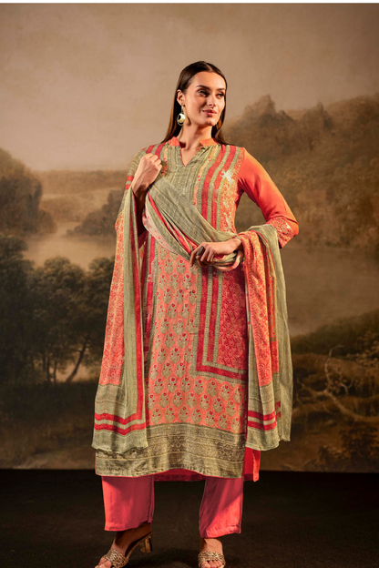 Premium Muslin Suit Set with Sequin Work & Floral Print - Salmon Pink | 3 Piece