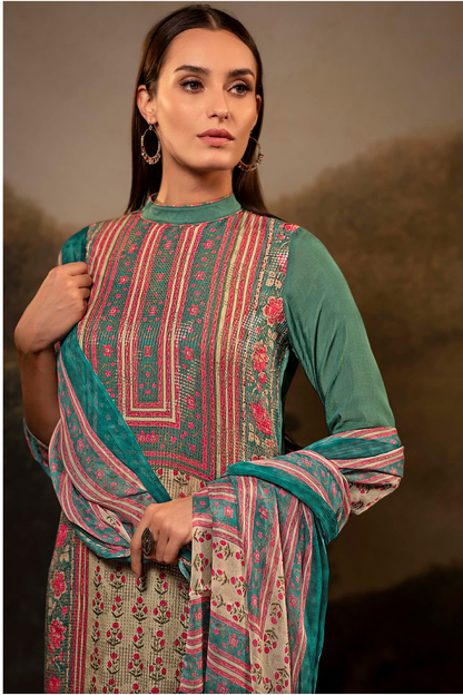 Premium Muslin Suit Set with Sequin Work & Floral Print - Peacock Green | 3 Piece